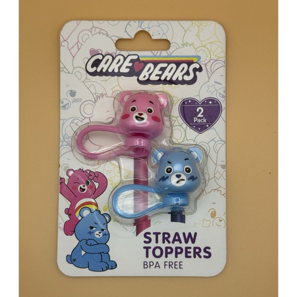 Care Bears 2-Pack Straw Toppers - Pink & Blue - BPA Free - New Sealed